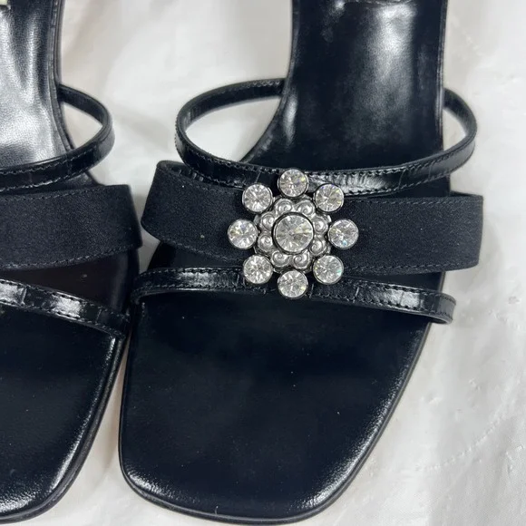 Brighton Shoes Women 8 Black Leather Silver Rhinestone Throne Heel Made Italy - Picture 4 of 16